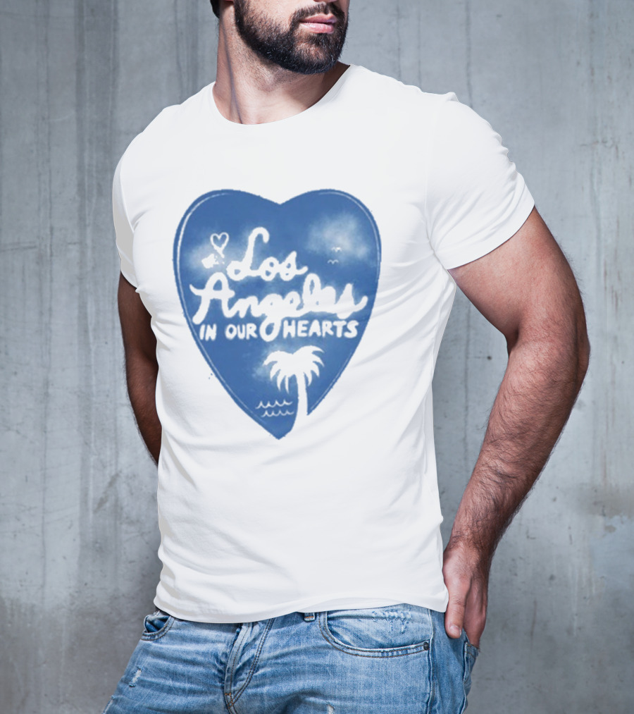 Los Angeles In Our Hearts Blue Heart With Palm Tree T-Shirt