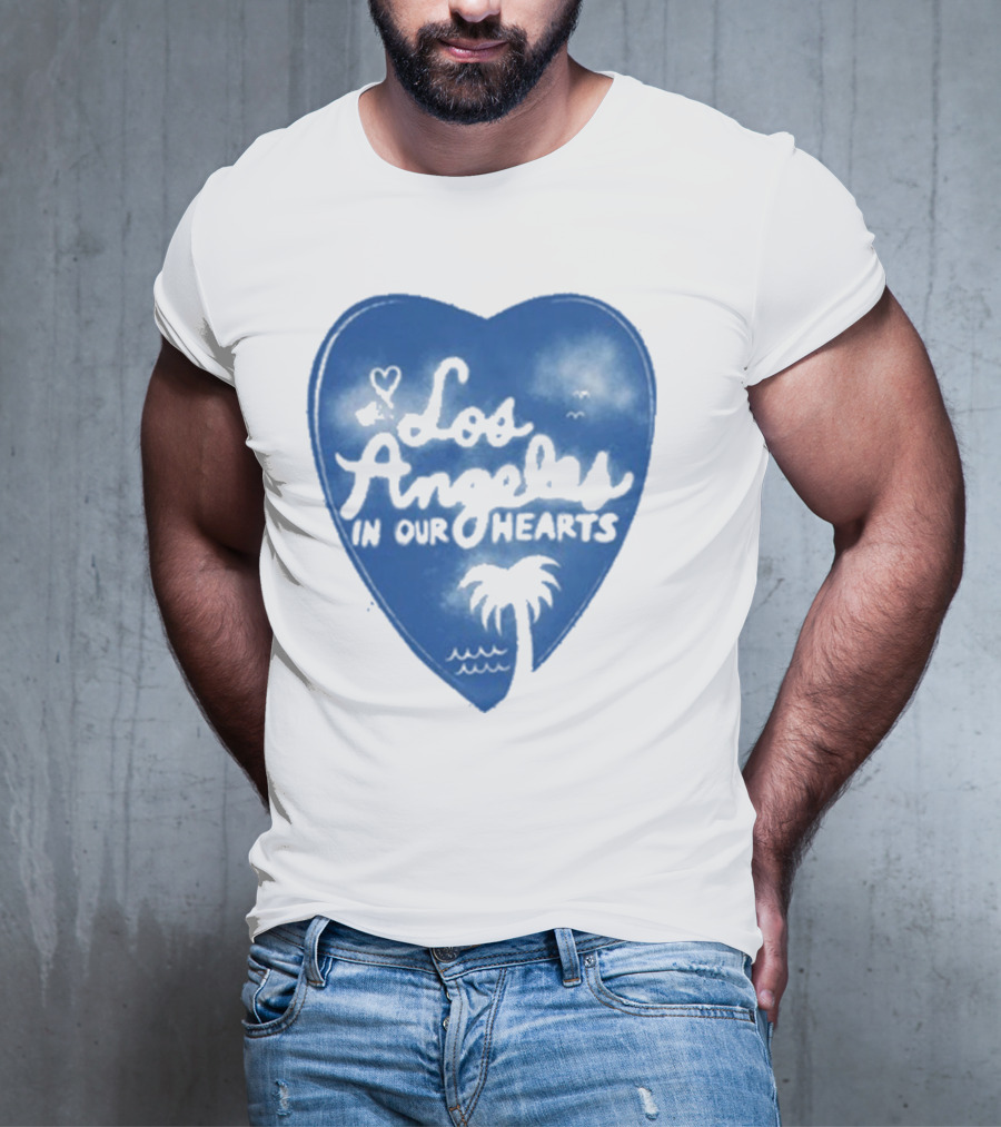 Los Angeles In Our Hearts Blue Heart With Palm Tree T-Shirt