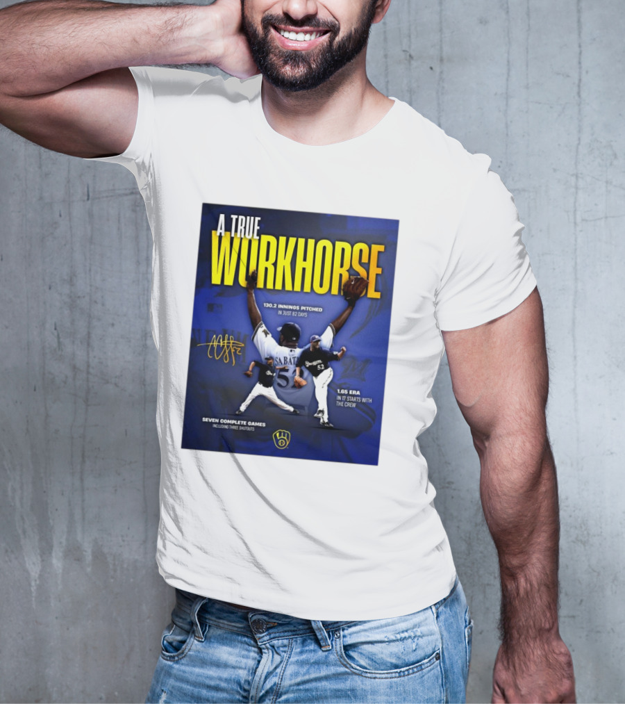 A True Workhorse Milwaukee Brewers CC Sabathia 130.2 Innings 82 Days 1.65 ERA Seven Complete Games Signature T-Shirt