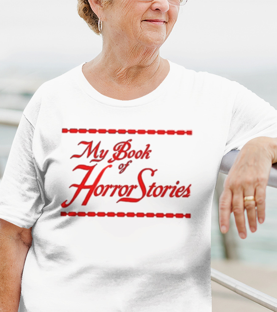 My Book Of Horror Stories Red Gothic Text With Chain Border T-Shirt