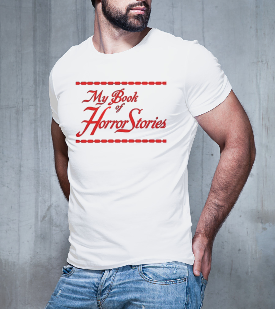 My Book Of Horror Stories Red Gothic Text With Chain Border T-Shirt