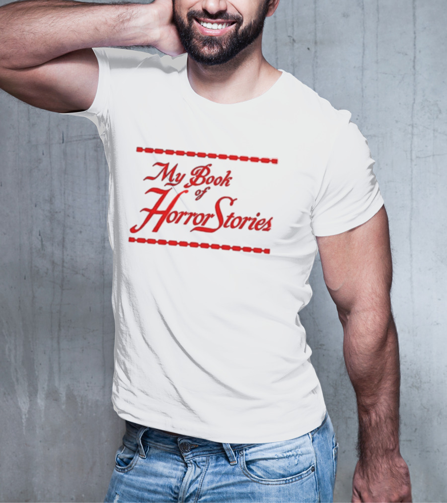My Book Of Horror Stories Red Gothic Text With Chain Border T-Shirt
