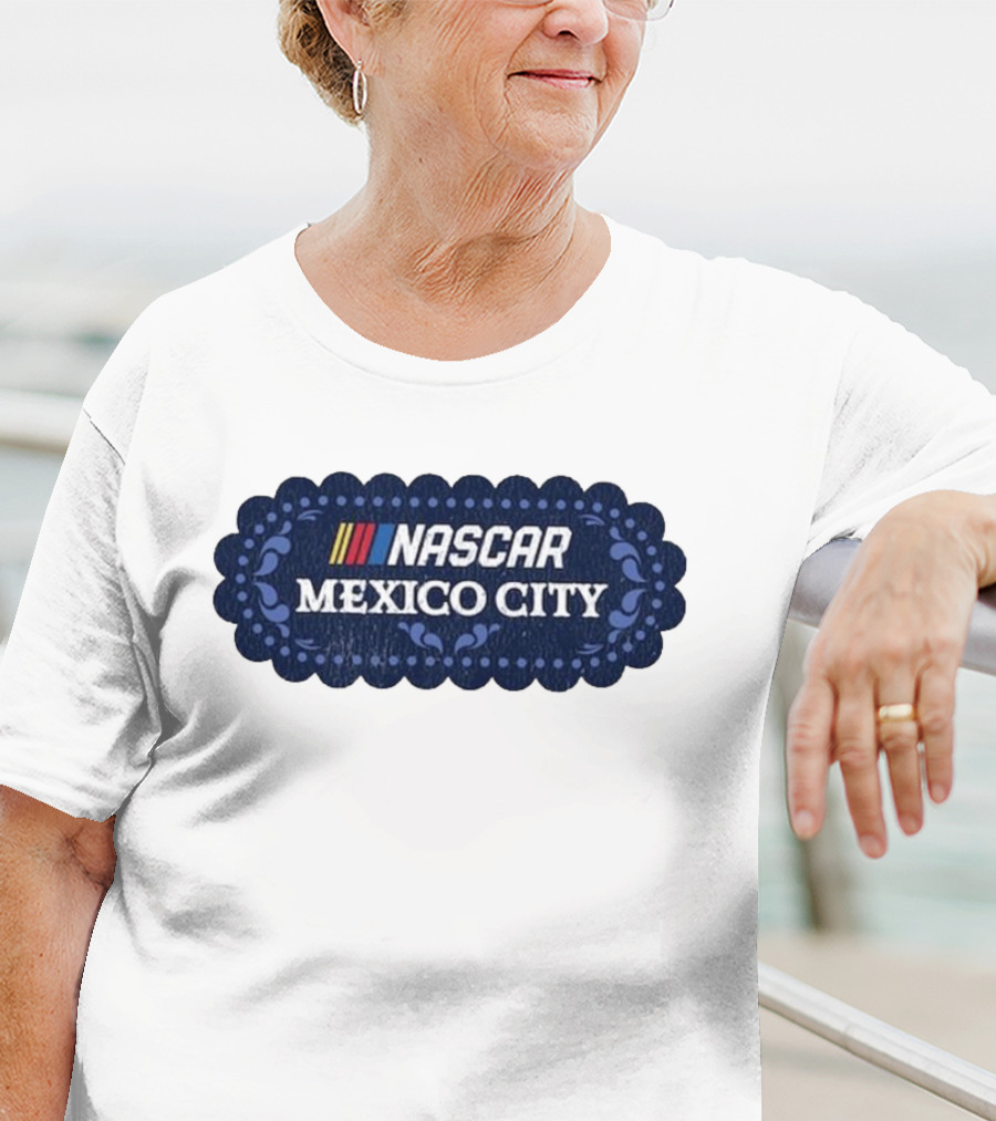 NASCAR Mexico City Scalloped Emblem With Colorful Stripes On Blue Background T-Shirt