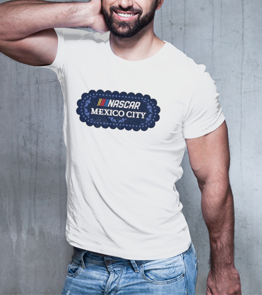 NASCAR Mexico City Scalloped Emblem With Colorful Stripes On Blue Background T-Shirt
