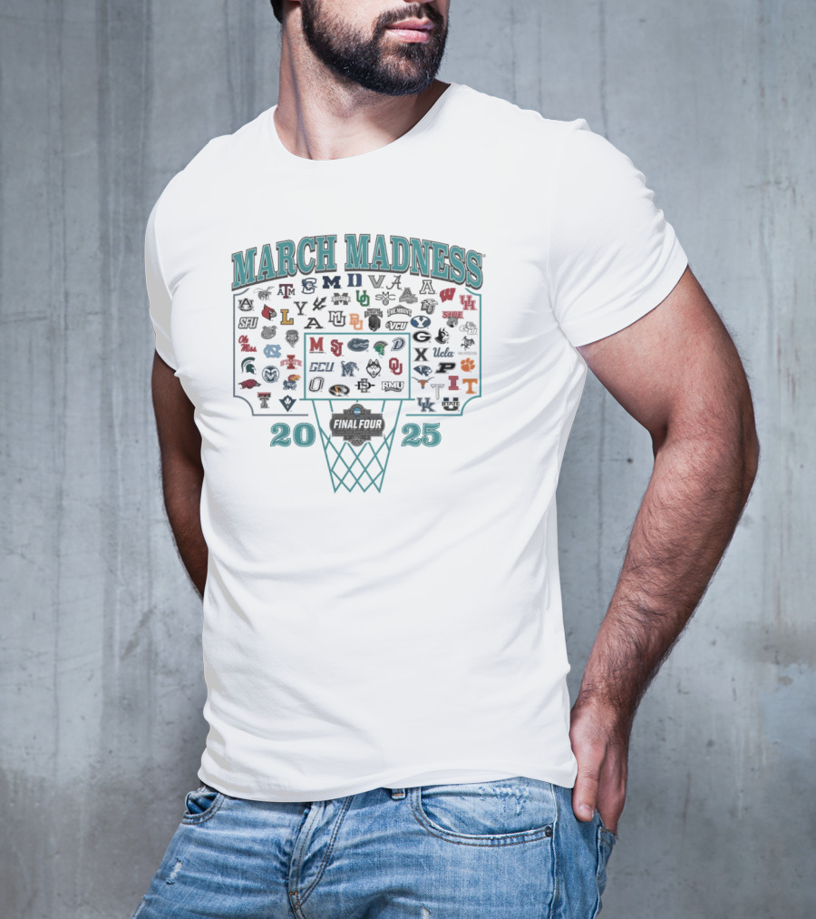 NCAA 2025 March Madness Basketball Tournament Team Logos And Hoop T-Shirt