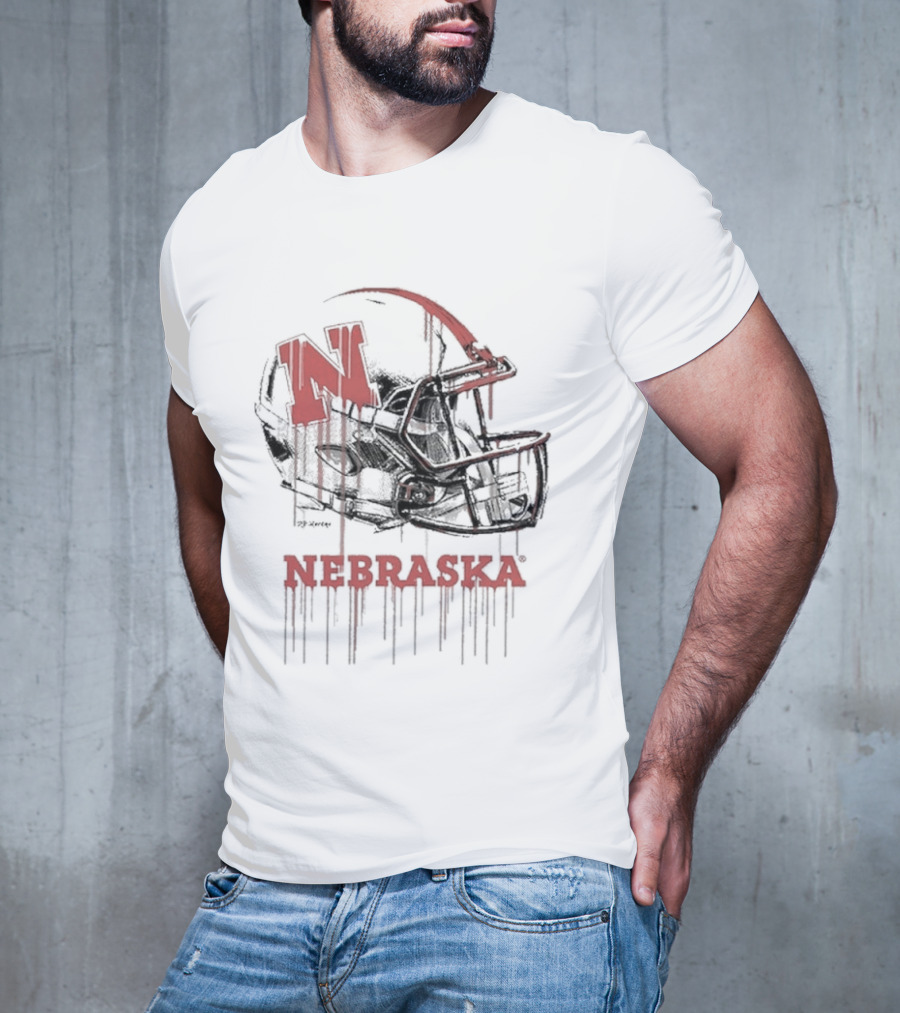 Nebraska Huskers N Dripping Football Helmet T-Shirt