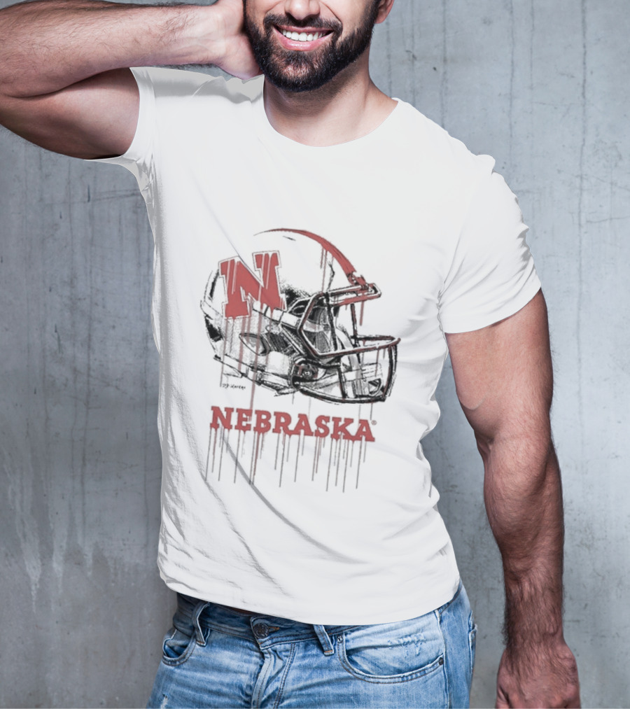 Nebraska Huskers N Dripping Football Helmet T-Shirt