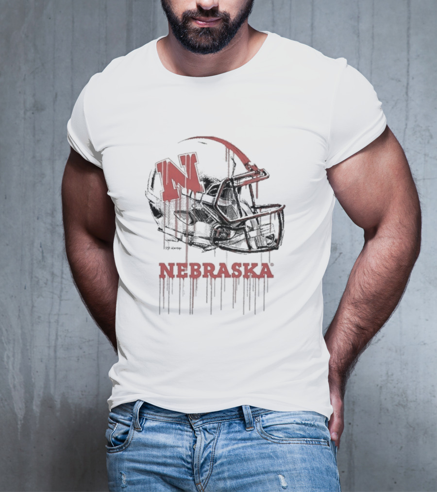 Nebraska Huskers N Dripping Football Helmet T-Shirt