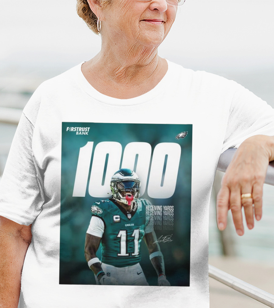 Philadelphia Eagles A.J. Brown 1000 Receiving Yards Signature Fly Eagles Fly NFL T-Shirt