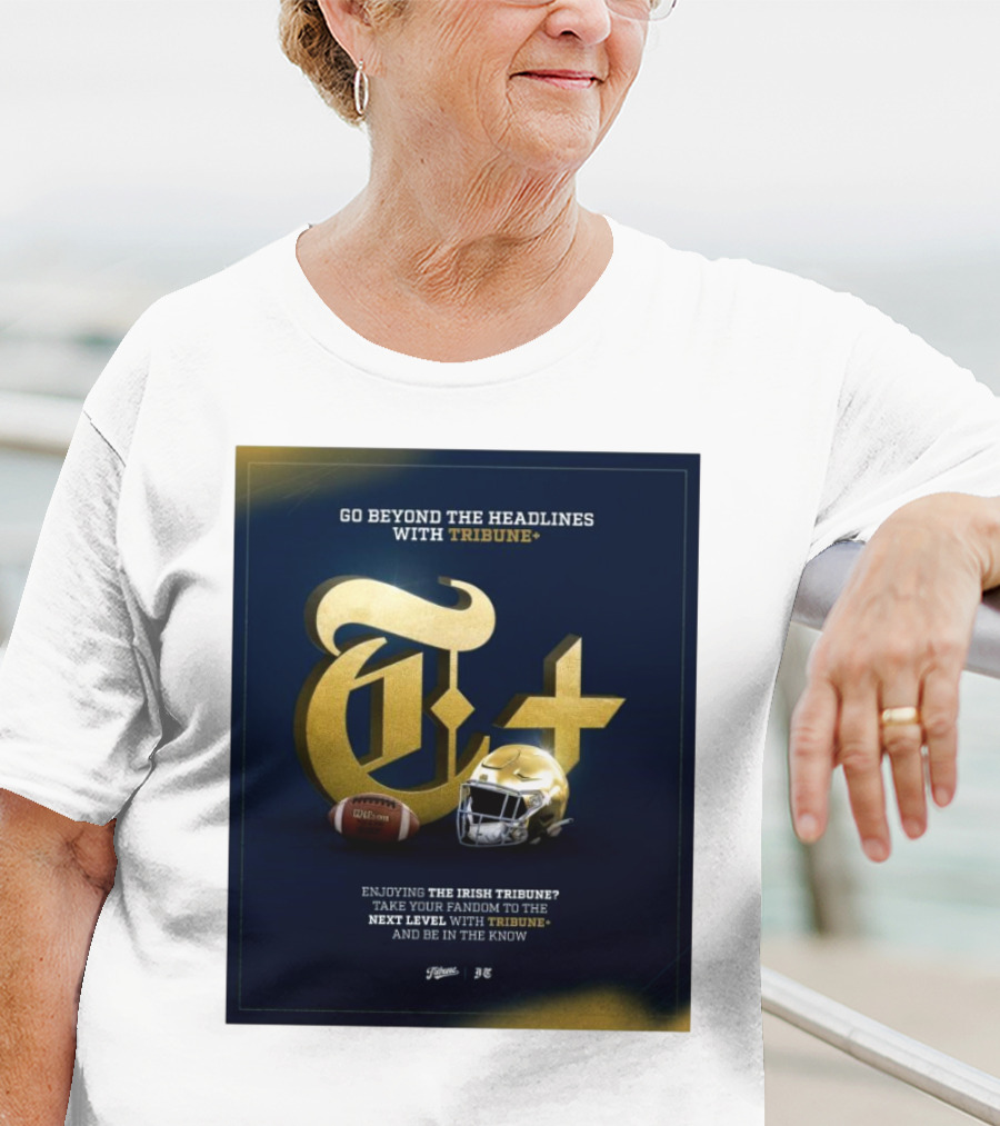 Notre Dame Fighting Irish Tribune+ Go Beyond The Headlines Football Helmet T-Shirt