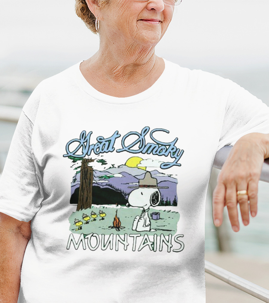 Snoopy Great Smoky Mountains Camping Scene With Woodstock Characters T-Shirt
