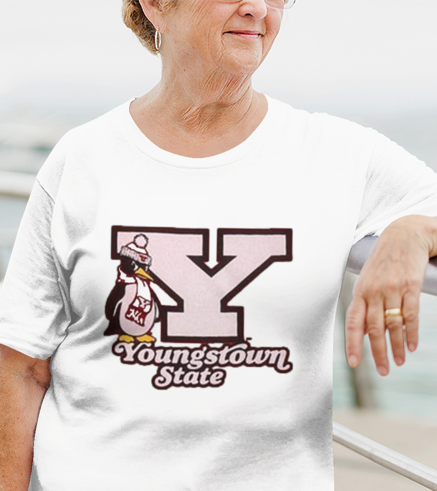 Youngstown State Pete Block Y Logo And Penguin With Scarf T-Shirt