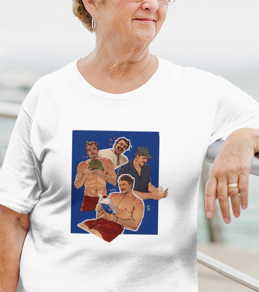 Pedro Pascal Humorous Illustrated Collage Reading And Relaxing Moments T-Shirt