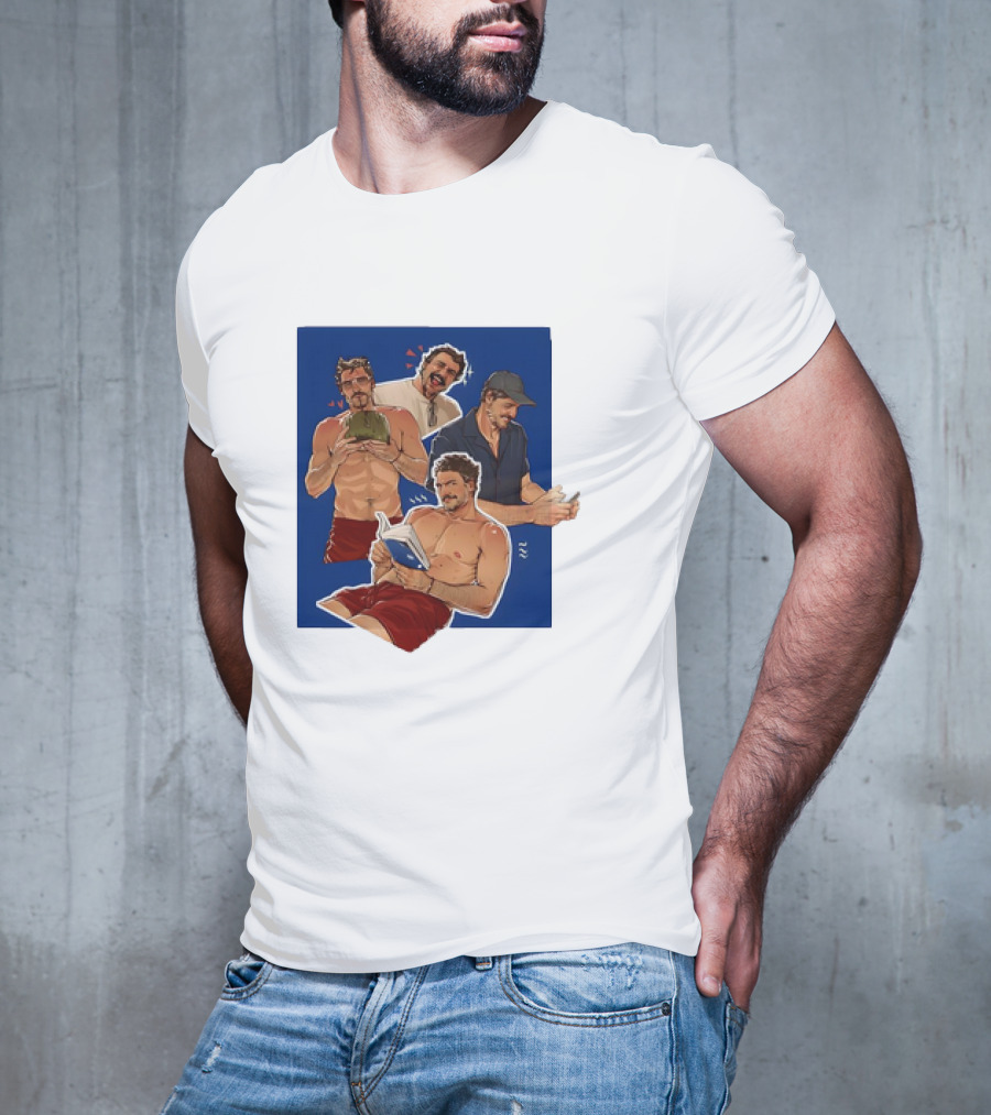 Pedro Pascal Humorous Illustrated Collage Reading And Relaxing Moments T-Shirt