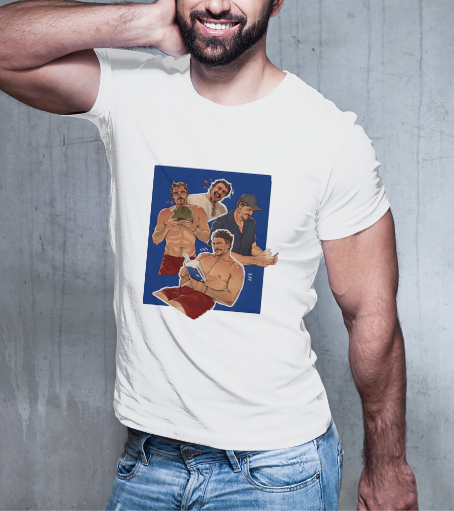 Pedro Pascal Humorous Illustrated Collage Reading And Relaxing Moments T-Shirt
