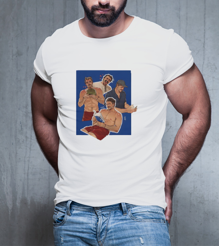 Pedro Pascal Humorous Illustrated Collage Reading And Relaxing Moments T-Shirt
