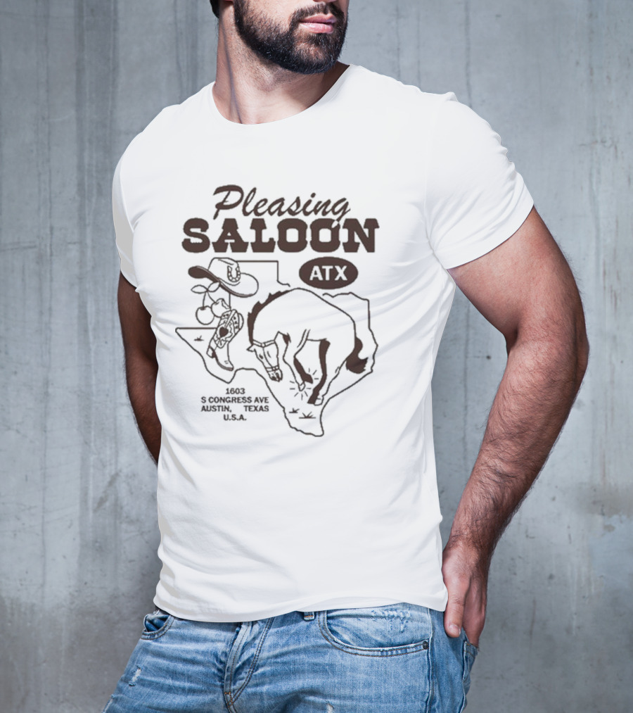 Pleasing Saloon ATX 1603 S Congress Ave Austin Texas USA Cowboy And Bull Texas Outline T-Shirt