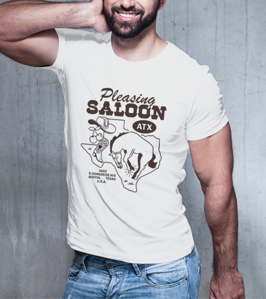 Pleasing Saloon ATX 1603 S Congress Ave Austin Texas USA Cowboy And Bull Texas Outline T-Shirt