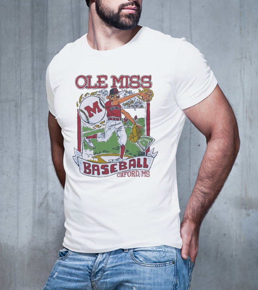 Ole Miss Baseball Oxford MS Pitcher Illustration With M Logo T-Shirt
