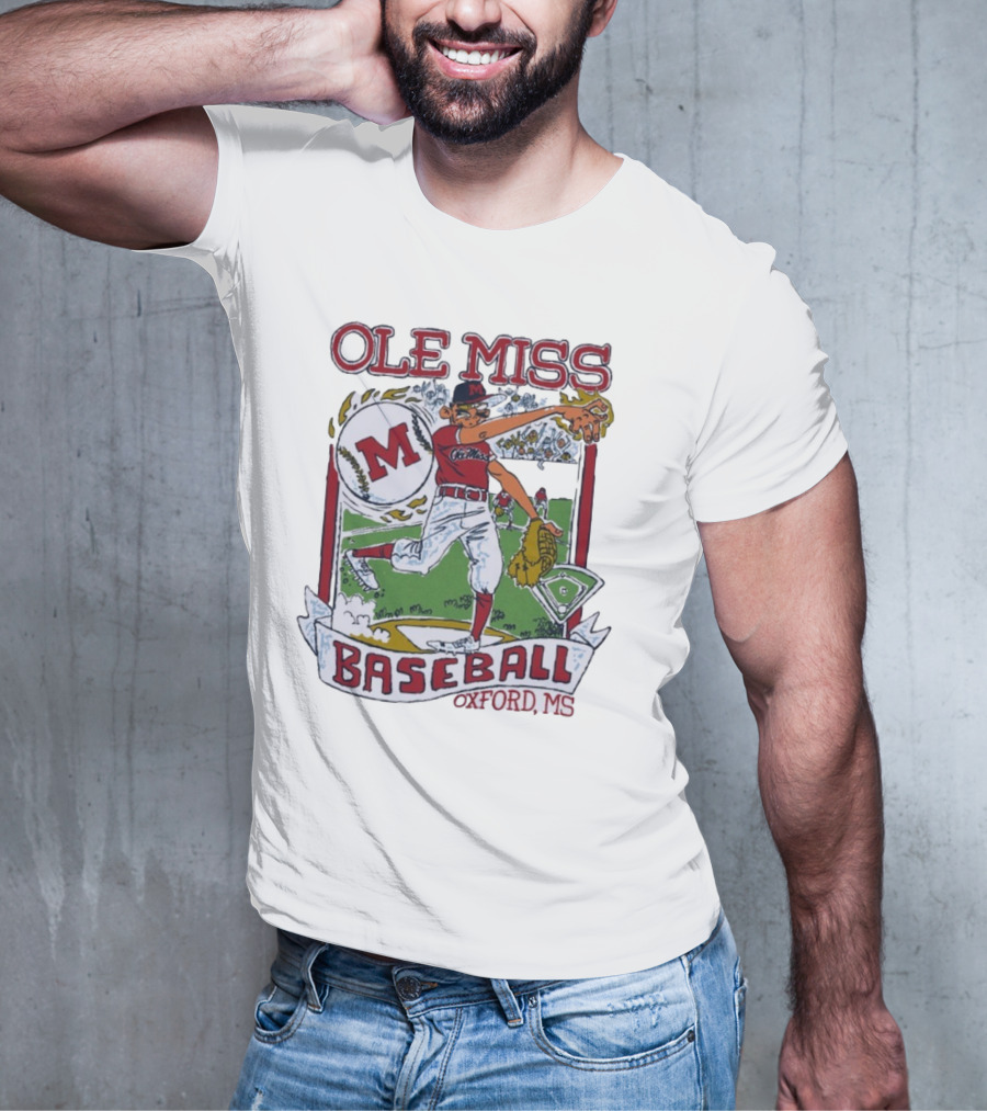 Ole Miss Baseball Oxford MS Pitcher Illustration With M Logo T-Shirt