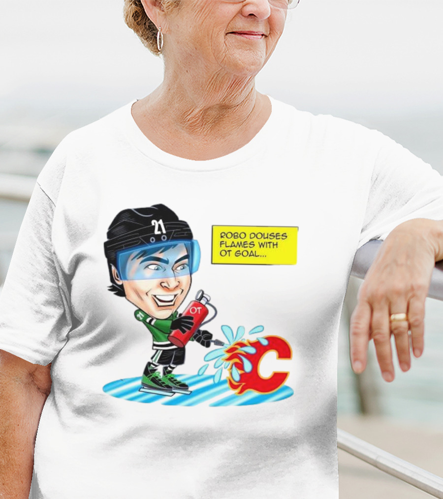 Robo Douses Flames With OT Goal Hockey Player Cartoon Extinguishing Calgary Flame Logo T-Shirt