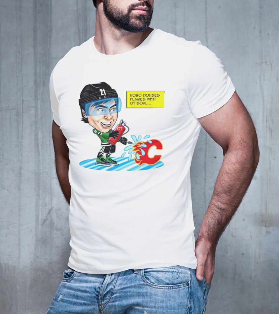 Robo Douses Flames With OT Goal Hockey Player Cartoon Extinguishing Calgary Flame Logo T-Shirt
