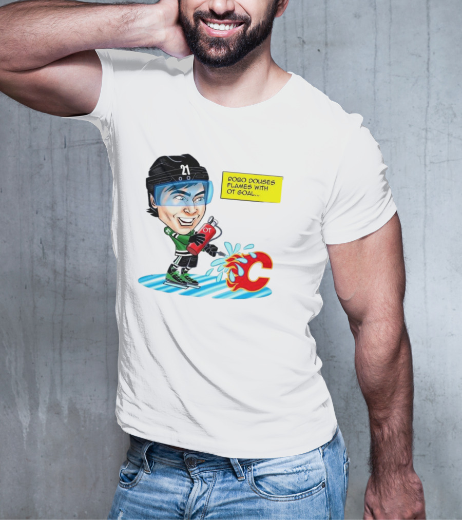 Robo Douses Flames With OT Goal Hockey Player Cartoon Extinguishing Calgary Flame Logo T-Shirt