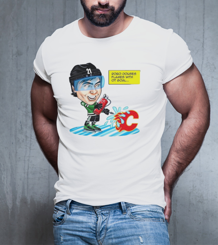 Robo Douses Flames With OT Goal Hockey Player Cartoon Extinguishing Calgary Flame Logo T-Shirt