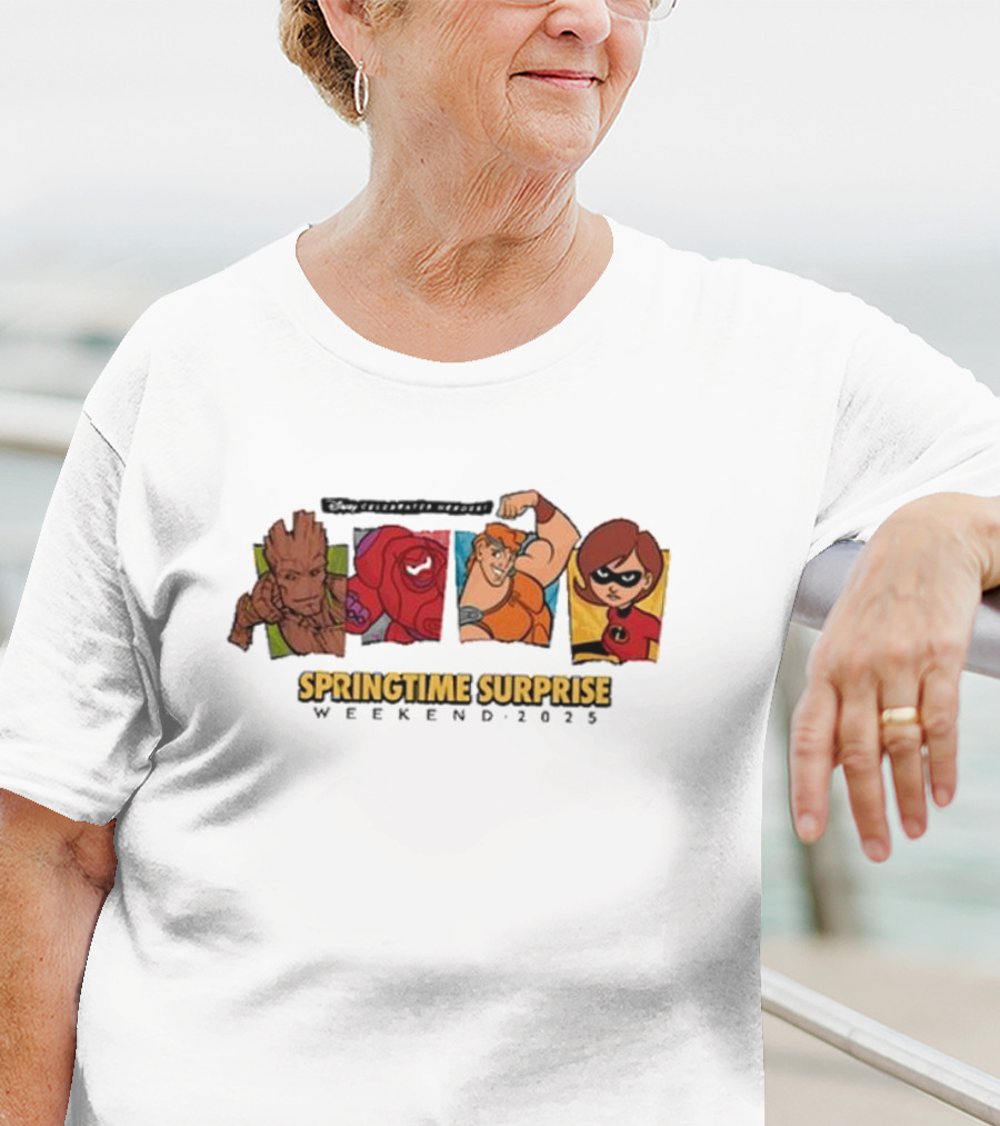Run Disney Springtime Surprise Weekend 2025 Groot Baymax Hercules Elastigirl T-Shirt
