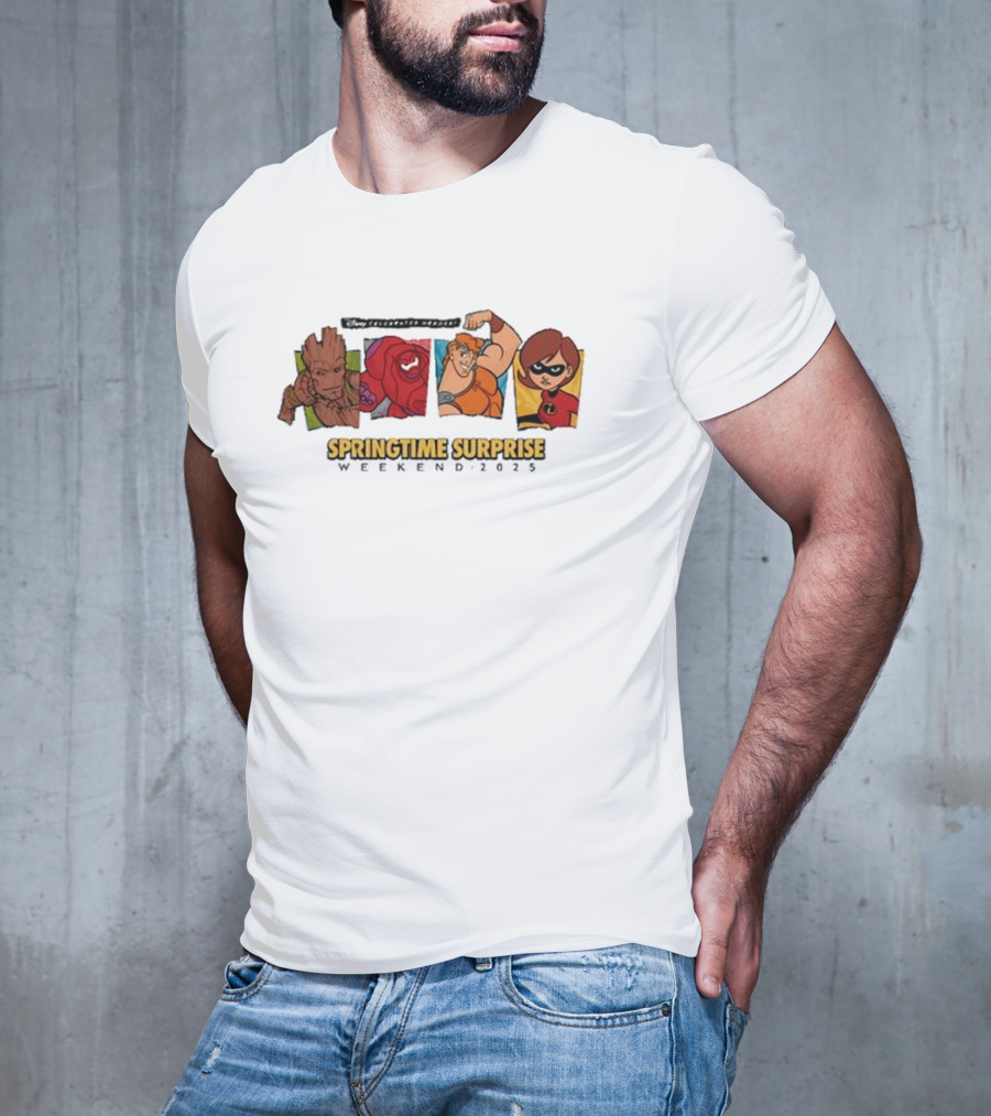 Run Disney Springtime Surprise Weekend 2025 Groot Baymax Hercules Elastigirl T-Shirt