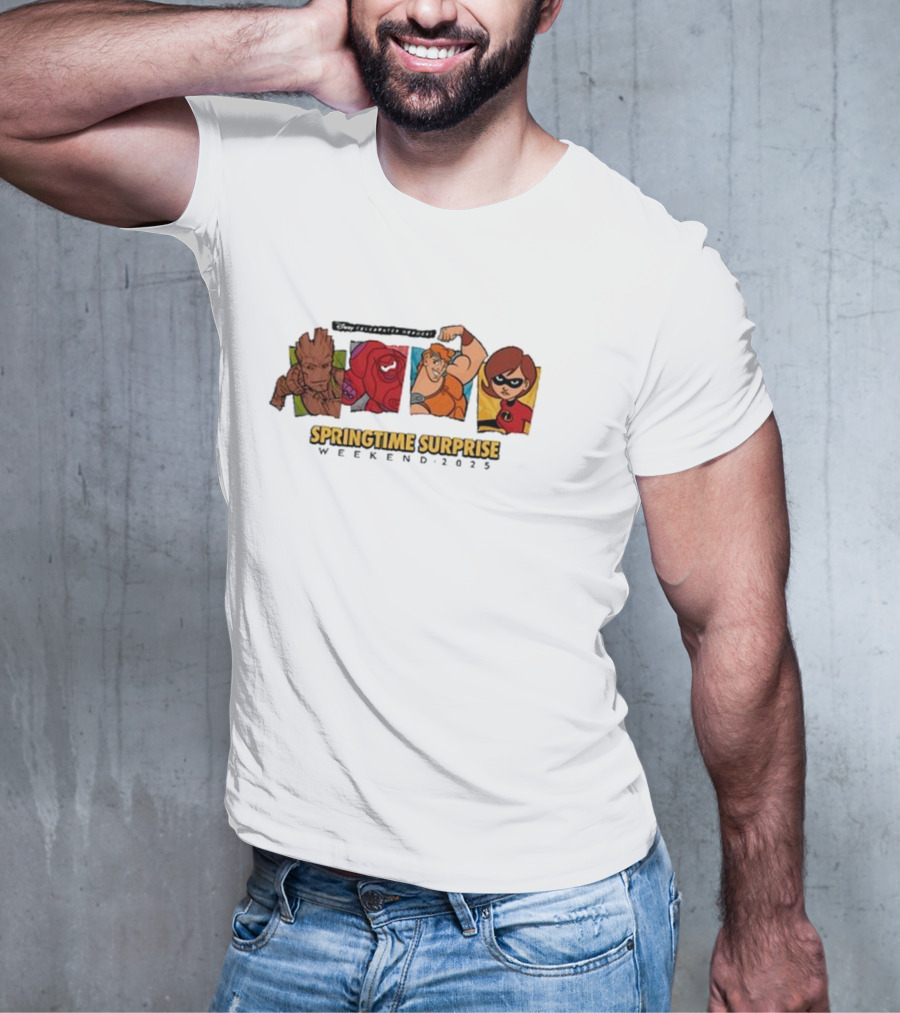 Run Disney Springtime Surprise Weekend 2025 Groot Baymax Hercules Elastigirl T-Shirt
