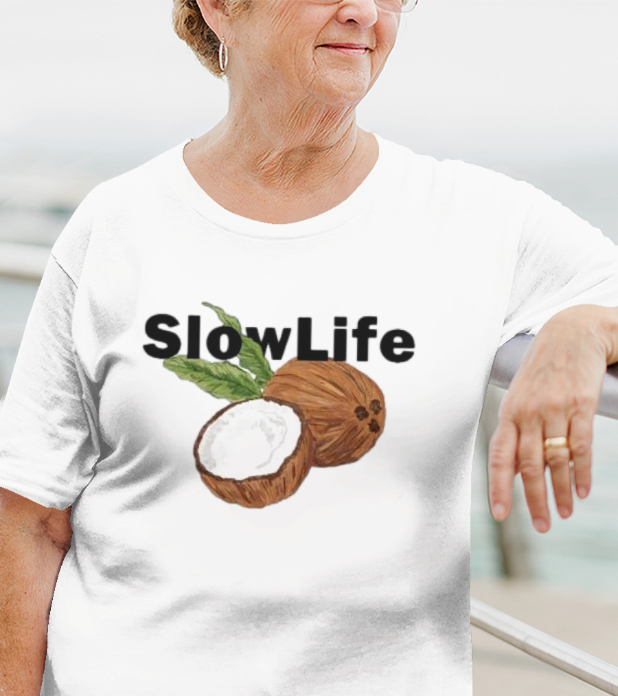 Slow Life Coconut Illustration With Text And Leaves T-Shirt
