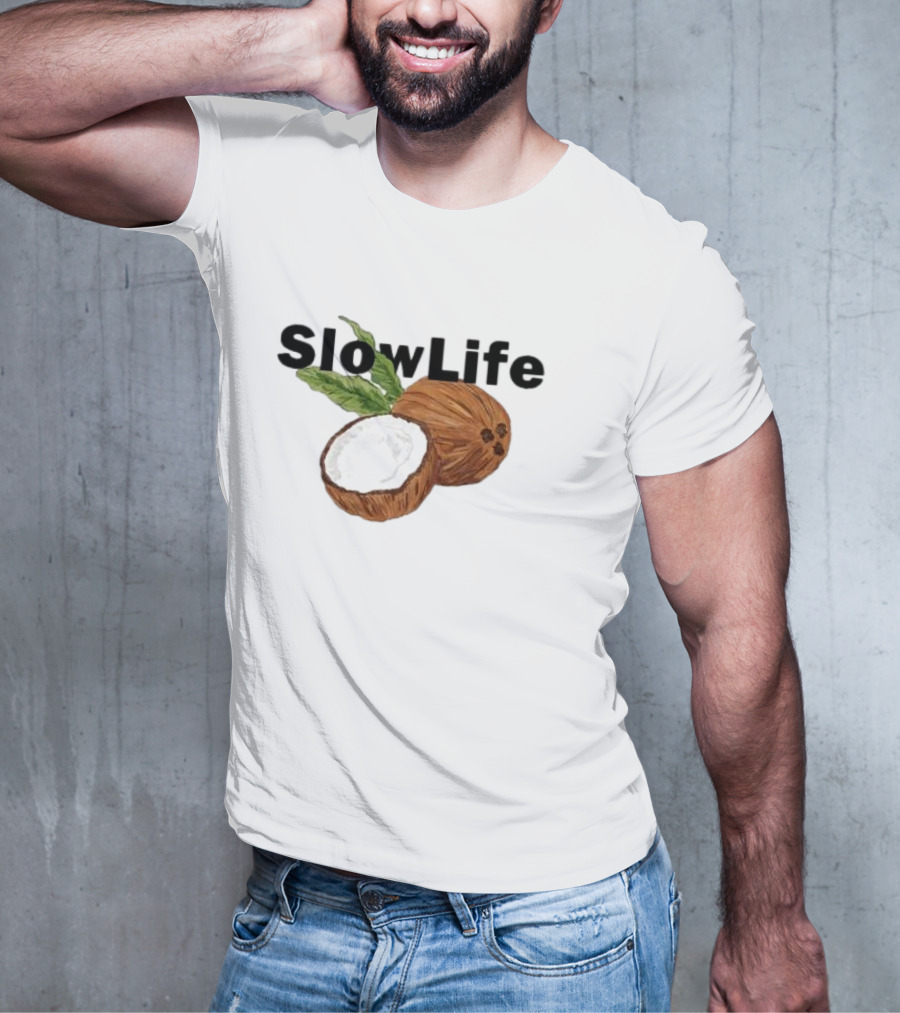 Slow Life Coconut Illustration With Text And Leaves T-Shirt