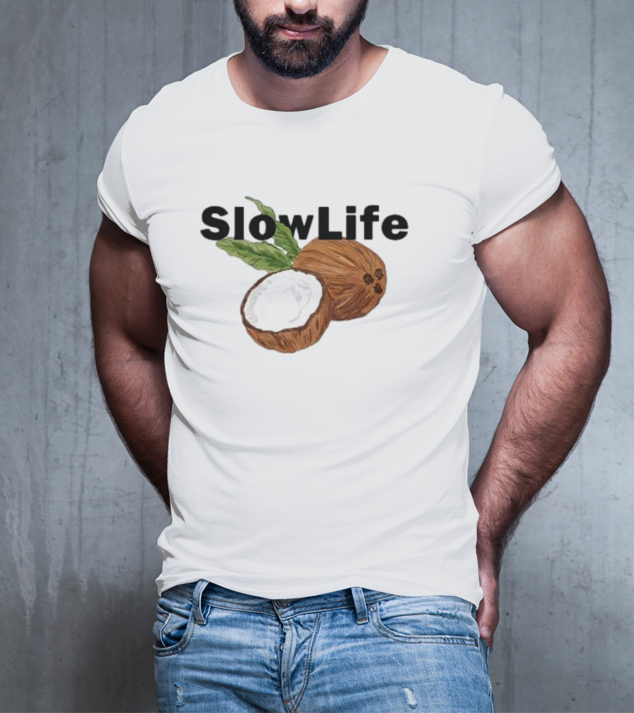 Slow Life Coconut Illustration With Text And Leaves T-Shirt