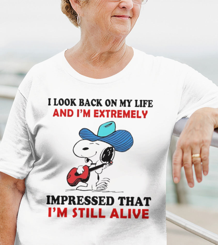 Snoopy I Look Back On My Life And I'm Extremely Impressed That I'm Still Alive Cowboy Hat Guitar T-Shirt