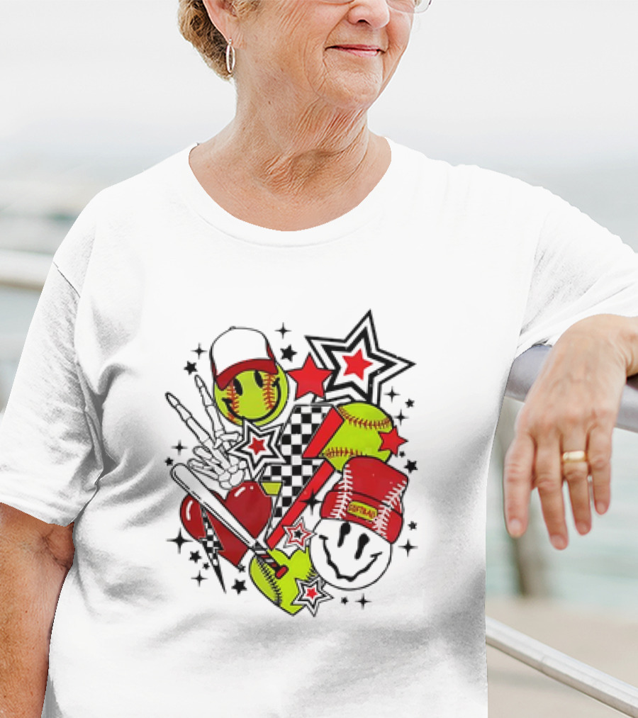 Softball Smiley Face Devil Cap Bats And Stars Retro T-Shirt