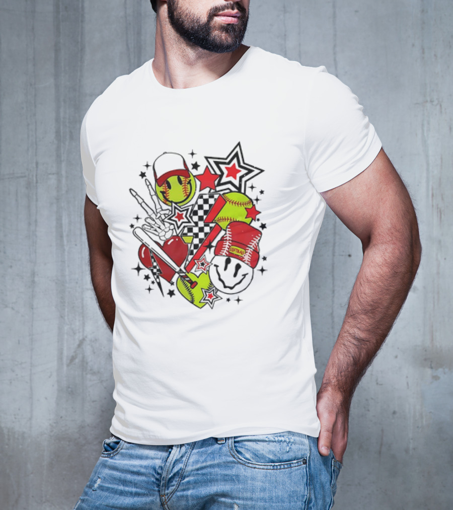 Softball Smiley Face Devil Cap Bats And Stars Retro T-Shirt