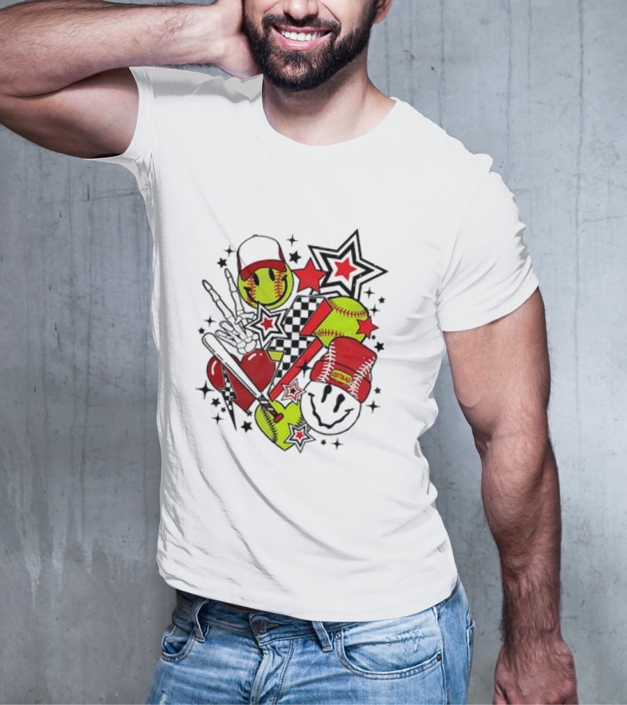 Softball Smiley Face Devil Cap Bats And Stars Retro T-Shirt