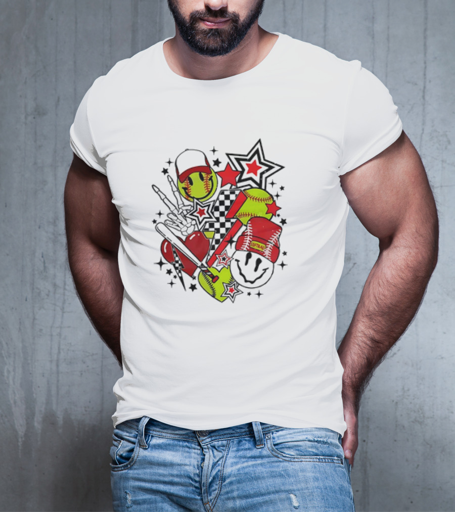 Softball Smiley Face Devil Cap Bats And Stars Retro T-Shirt