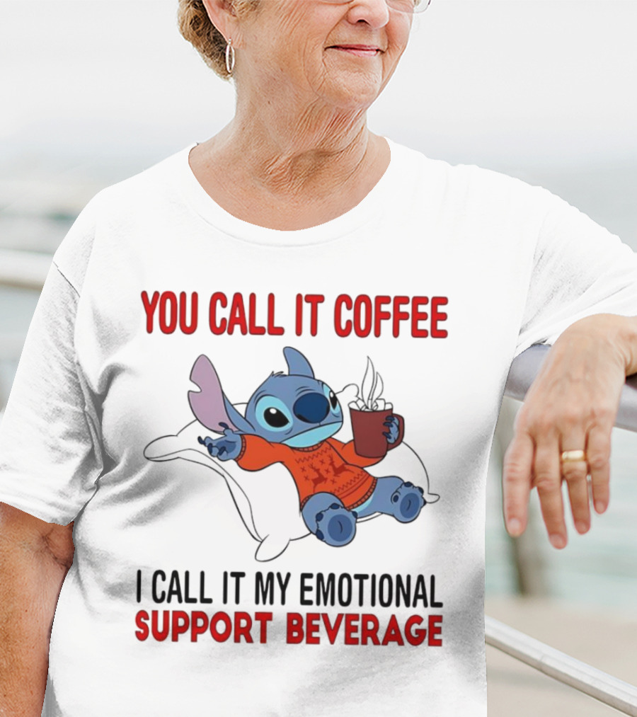 Stitch You Call It Coffee I Call It My Emotional Support Beverage Blue Alien Character With Hot Drink In Red Sweater T-Shirt