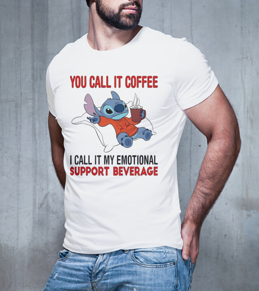Stitch You Call It Coffee I Call It My Emotional Support Beverage Blue Alien Character With Hot Drink In Red Sweater T-Shirt