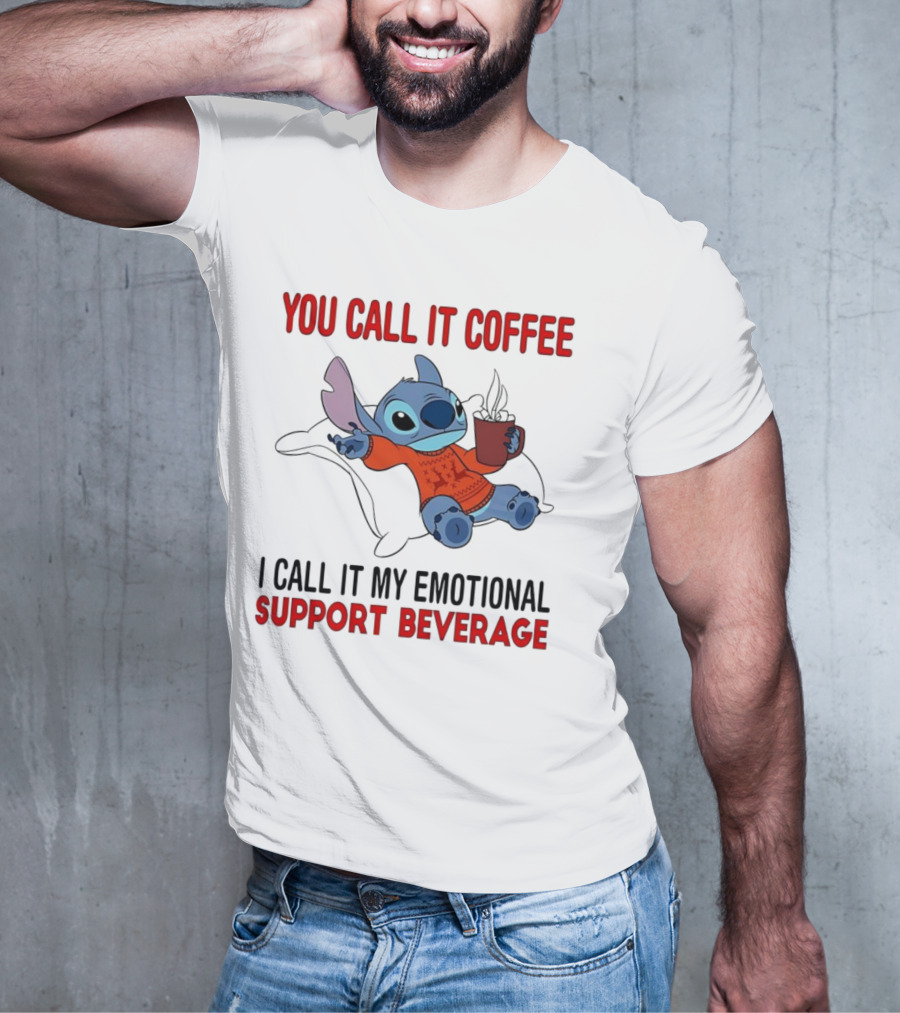 Stitch You Call It Coffee I Call It My Emotional Support Beverage Blue Alien Character With Hot Drink In Red Sweater T-Shirt