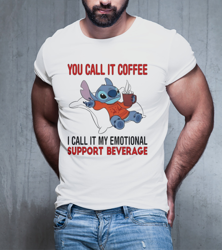 Stitch You Call It Coffee I Call It My Emotional Support Beverage Blue Alien Character With Hot Drink In Red Sweater T-Shirt