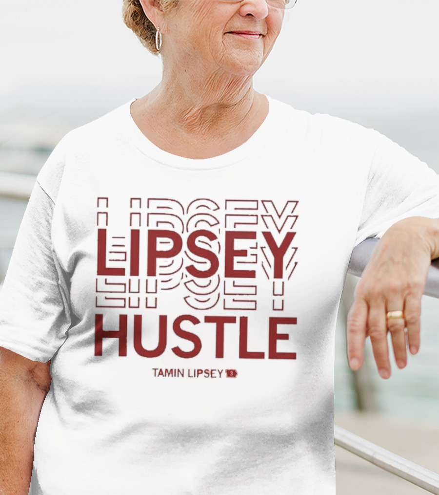 Tamin Lipsey Hustle Repeating Bold Red Text T-Shirt
