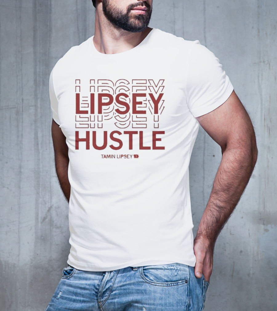 Tamin Lipsey Hustle Repeating Bold Red Text T-Shirt