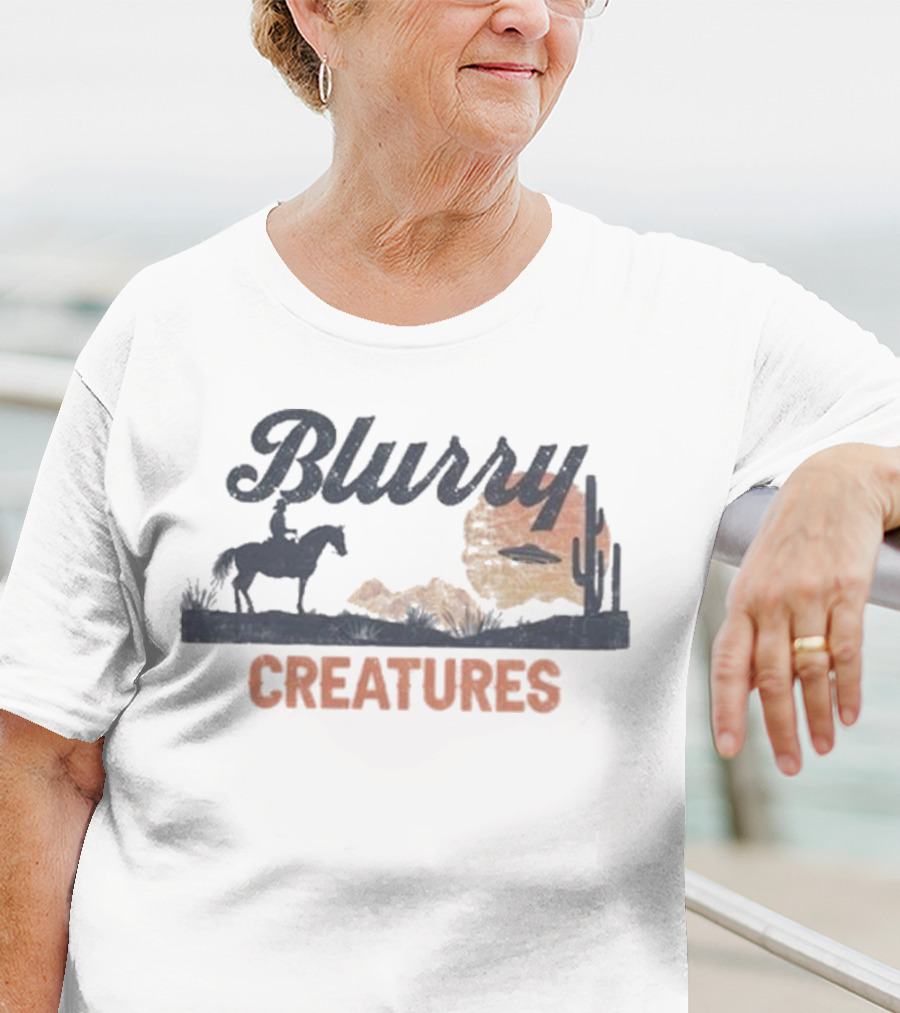 Blurry Creatures UFO Desert Cowboy Cactus Scene T-Shirt
