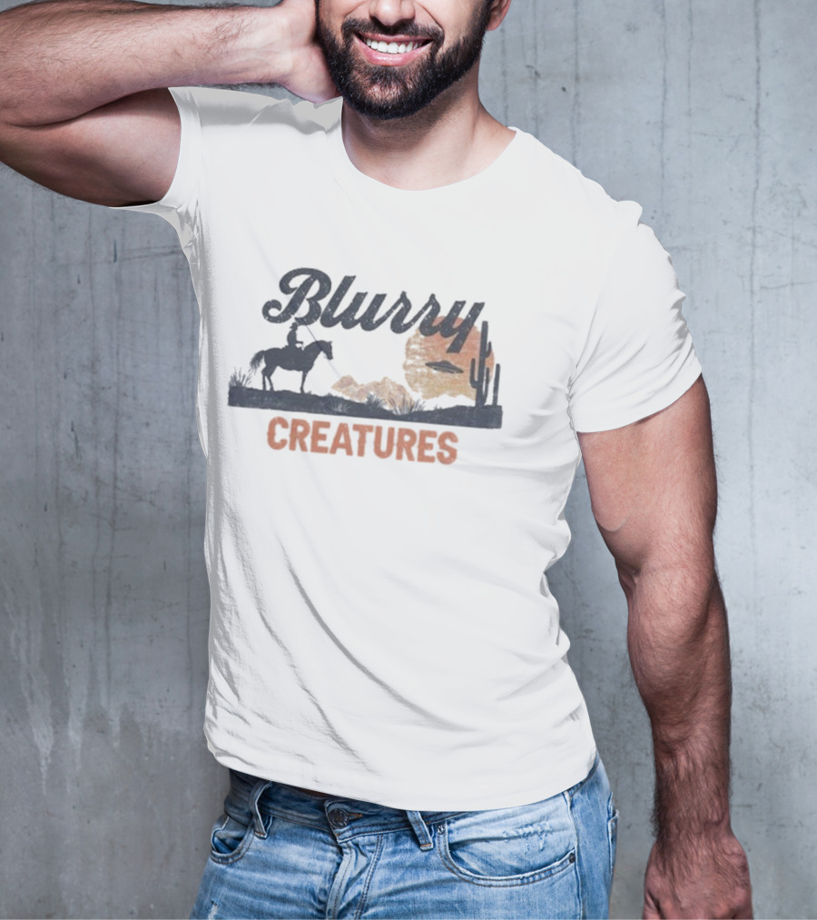 Blurry Creatures UFO Desert Cowboy Cactus Scene T-Shirt