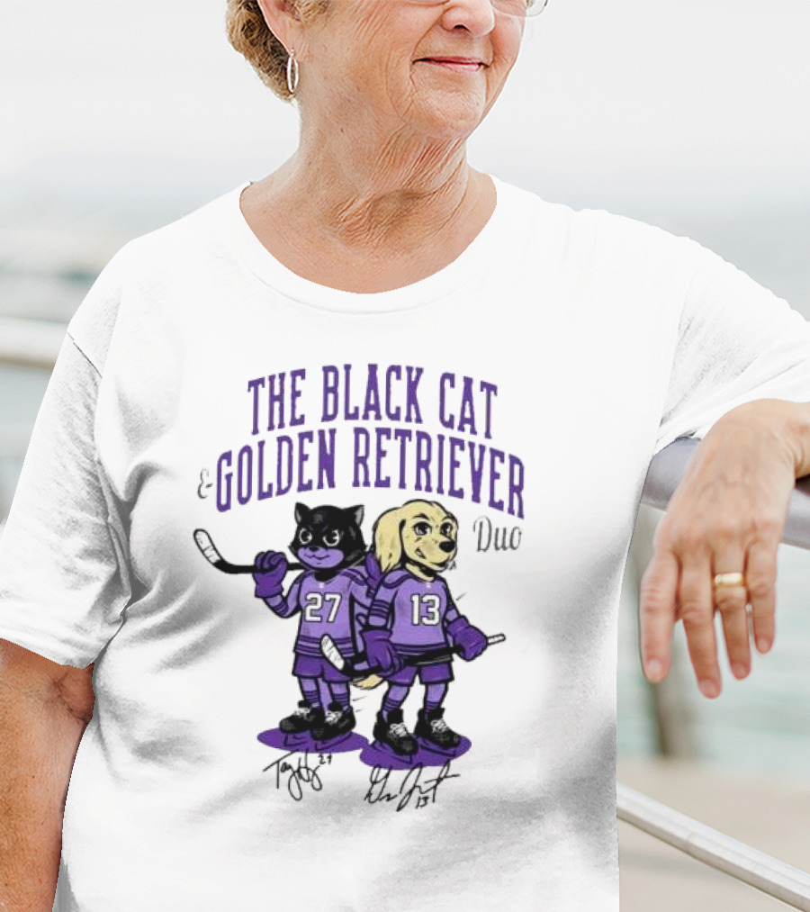 The Black Cat Golden Retriever 27 13 Hockey Duo T-Shirt