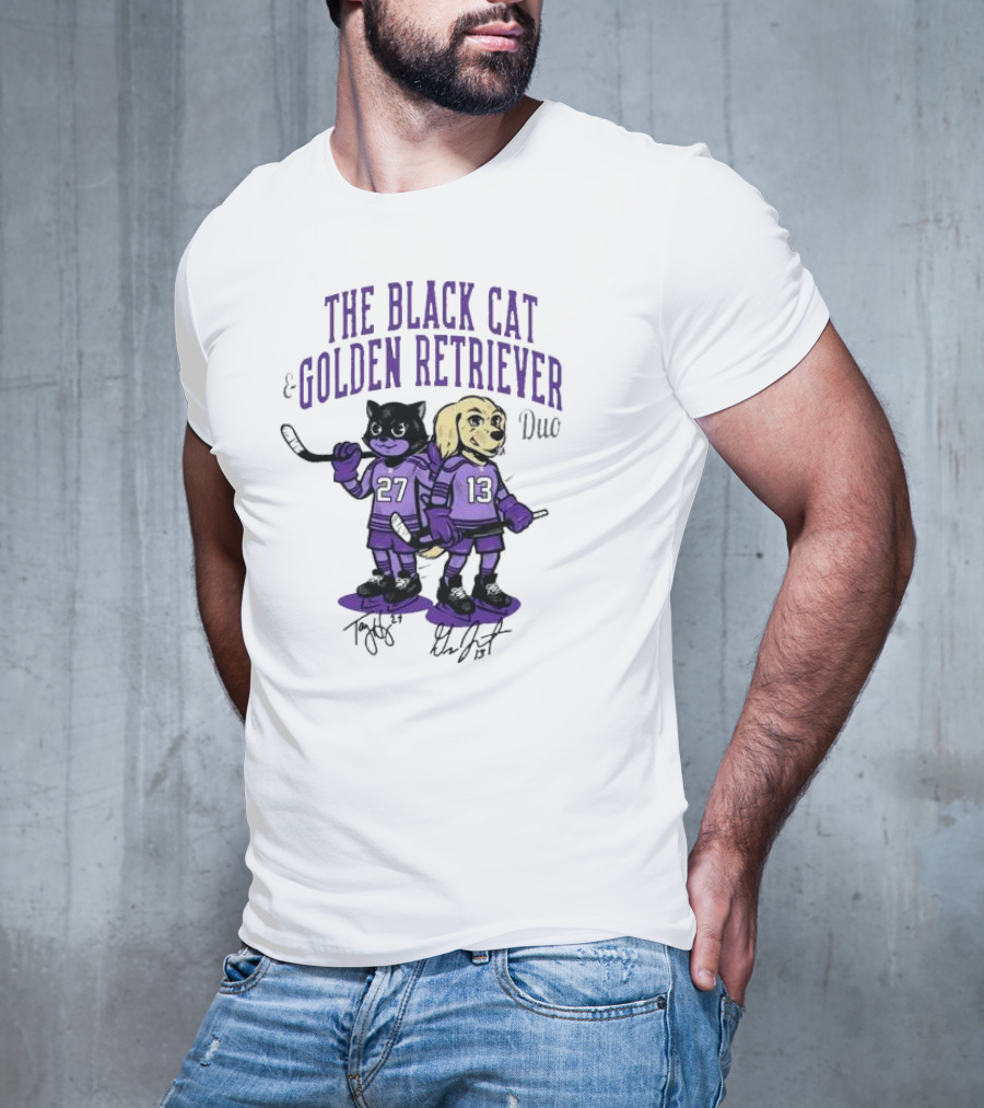 The Black Cat Golden Retriever 27 13 Hockey Duo T-Shirt