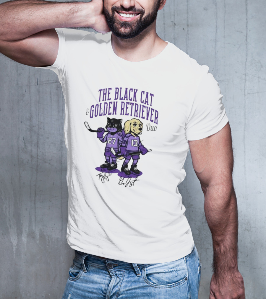 The Black Cat Golden Retriever 27 13 Hockey Duo T-Shirt